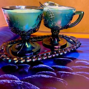 Hand poured soy wax candle in rare blue carnival glass